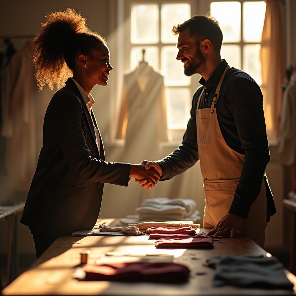 Handschlag zwischen Schneiderin und Vertreter eines lokalen Modelabels im Atelier