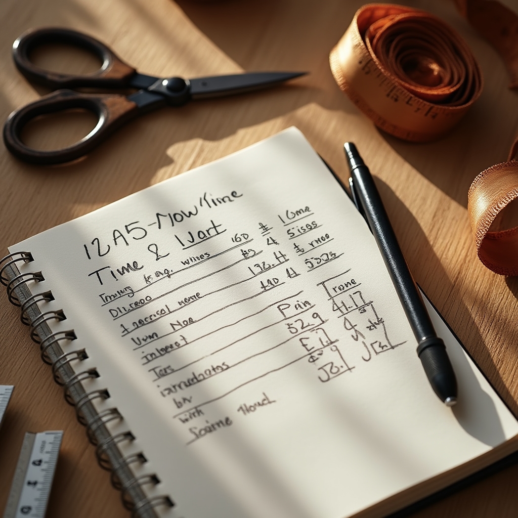Notizbuch mit handschriftlicher Zeit- und Preiskalkulation neben einer Nähmaschine
